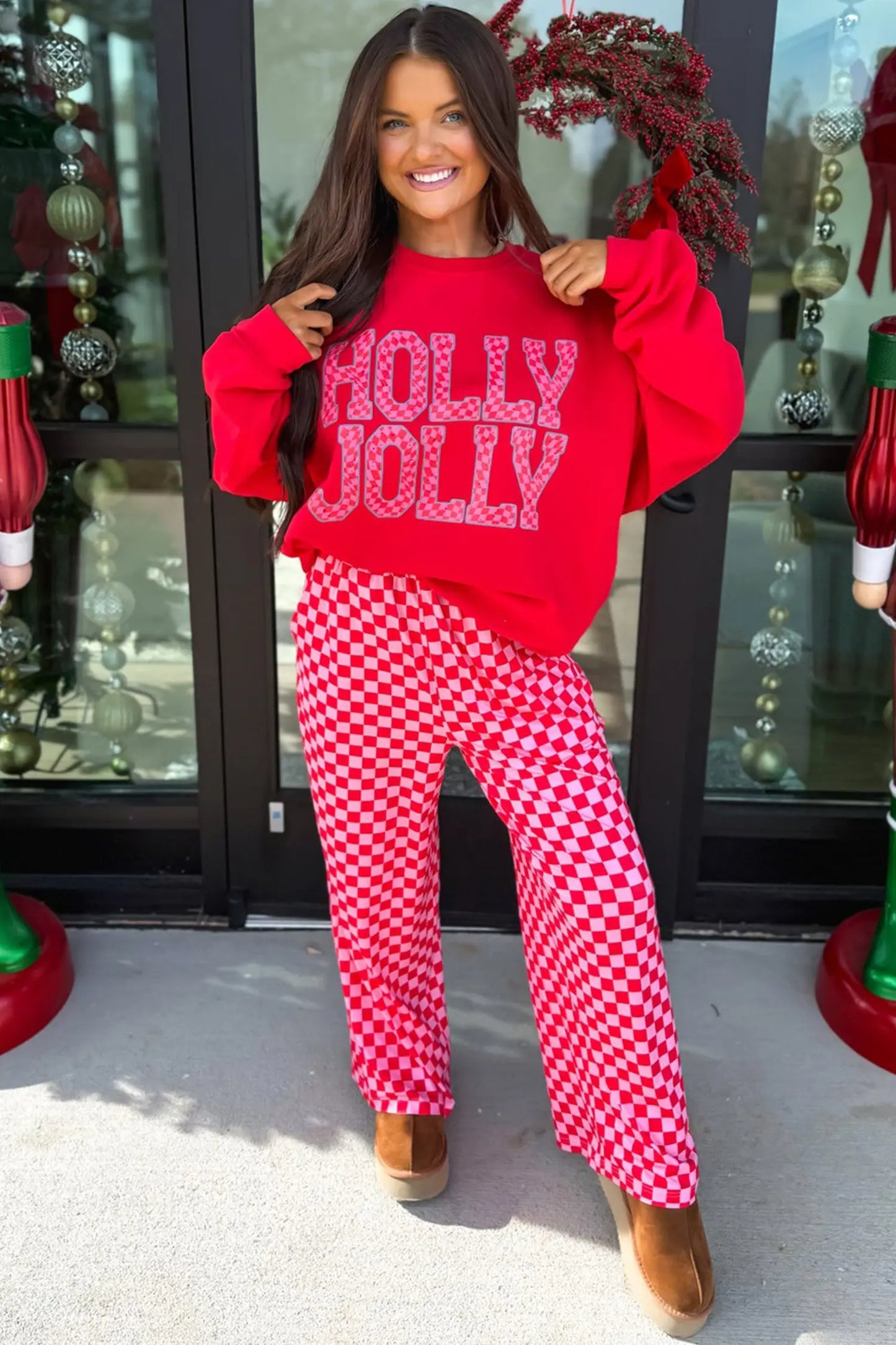 Red Christmas Slogan Graphic Plaid Contrast Two-piece Pant Set