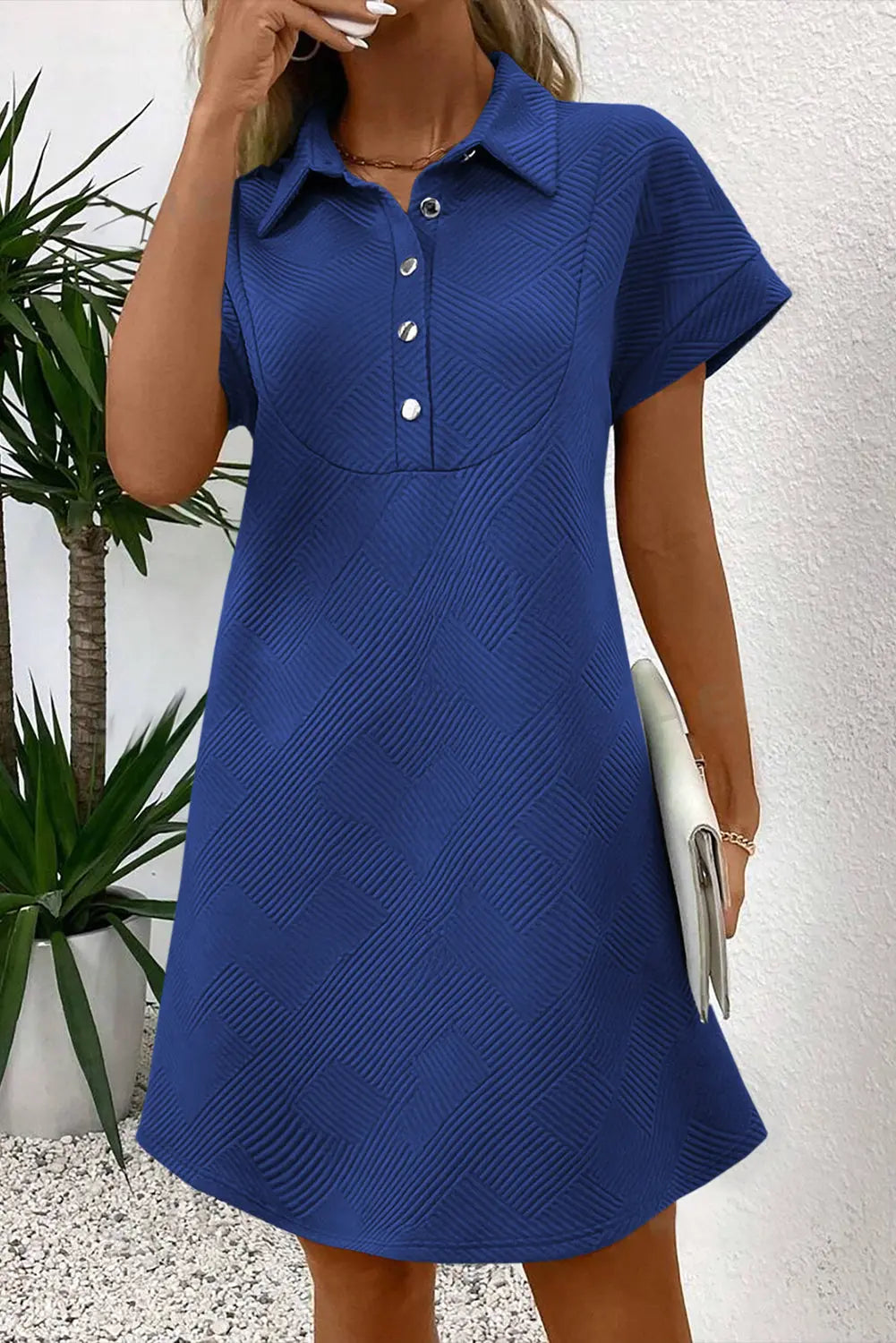 Peach Blossom Solid Color Textured Short Sleeve A Line Mini Dress
