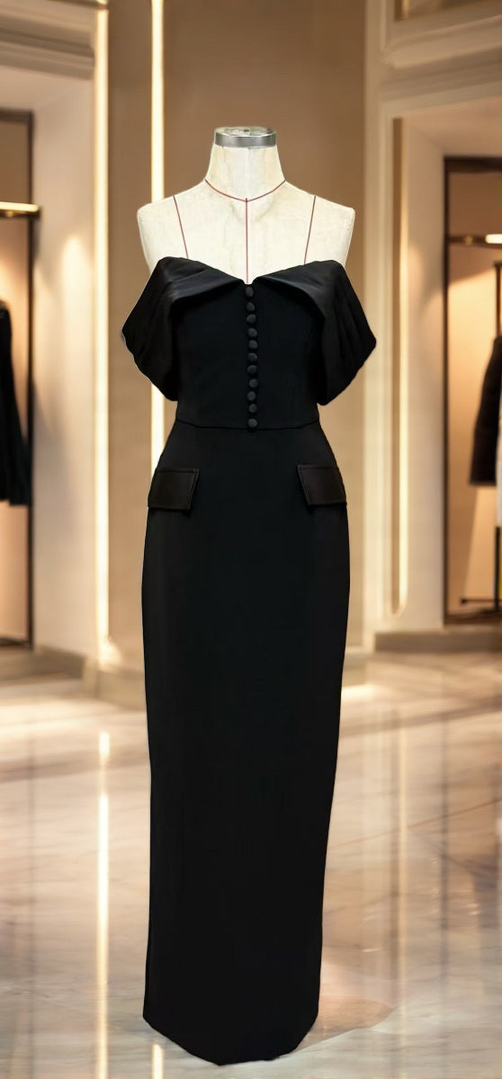 Off-Shoulder Button-Front Column Maxi Dress mannequin view · nz-bg-v1