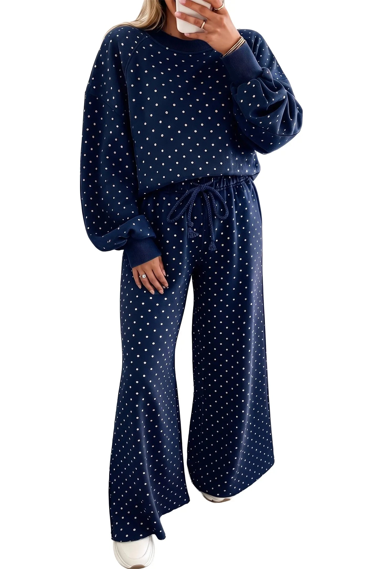 Brown Polka Dot Drawstring Wide Leg Long Sleeve Top Pant Set