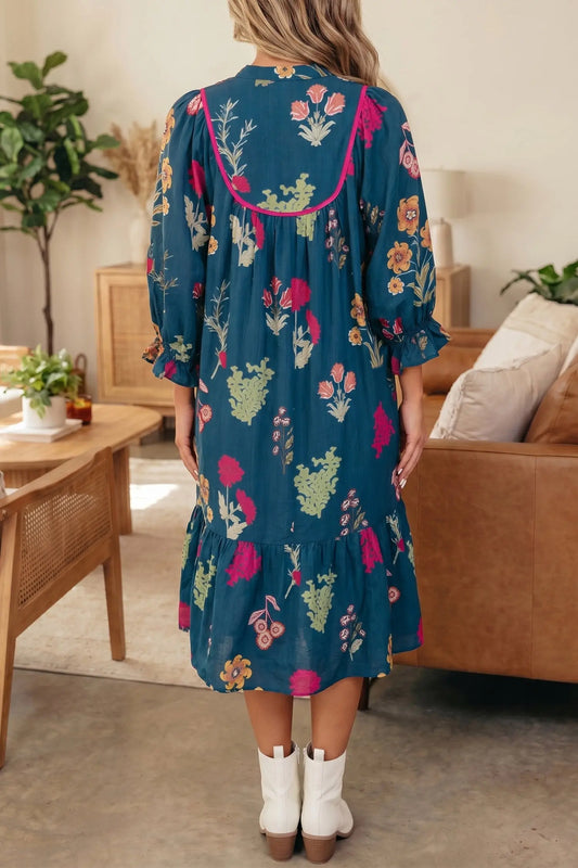 Blue Floral Print Gathered Neckline 7/8 Sleeve Casual Midi Dress model back view · nz-alt-v1