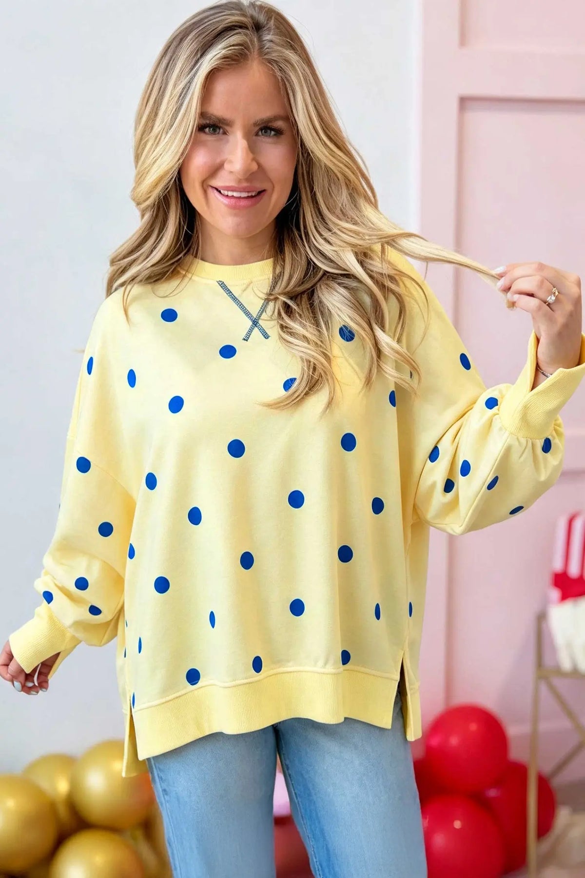 Pink Polka Dot Loose Long Sleeve Split Hem Pullover Top