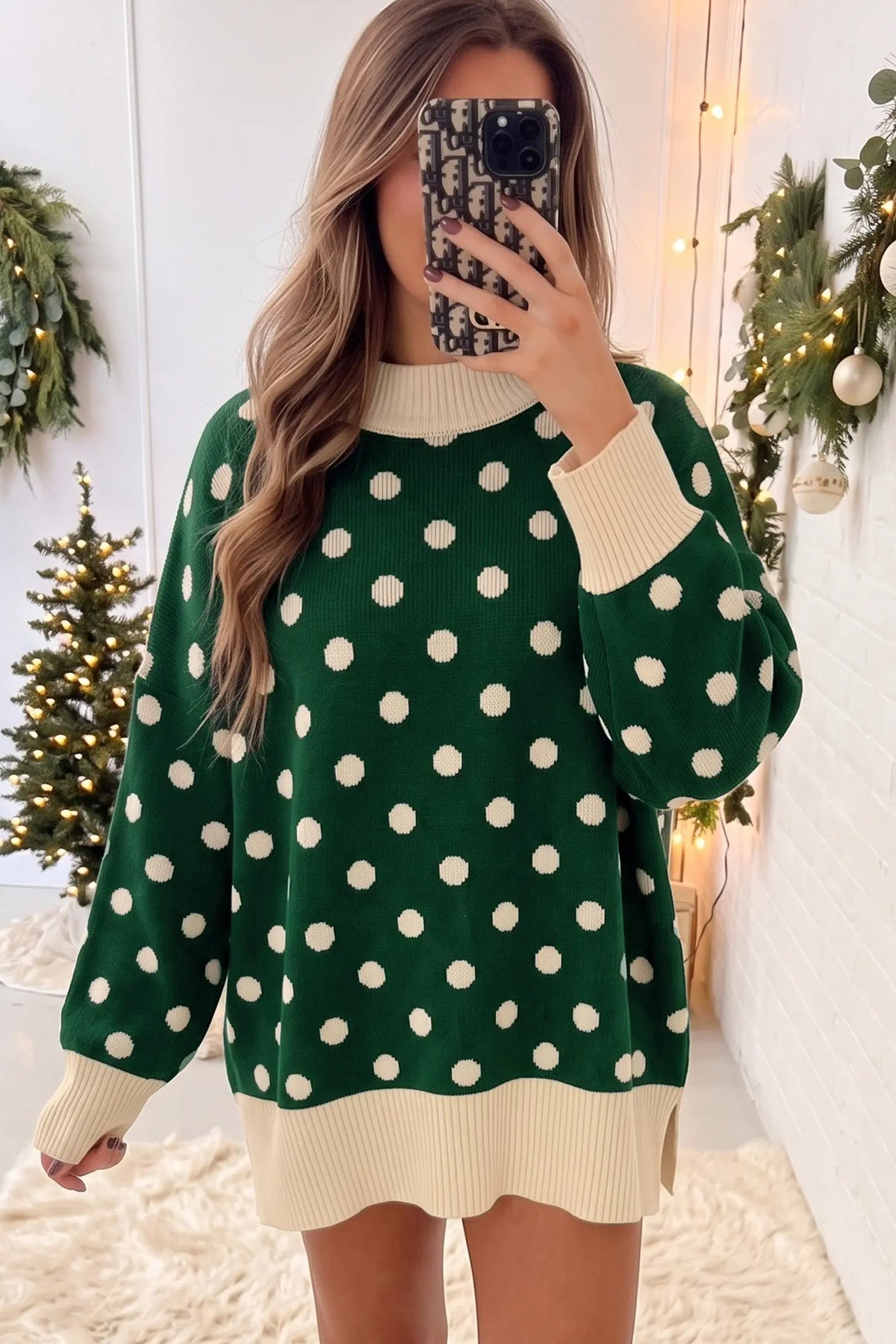 Green polka dot pattern ribbed colorblock trim split tunic sweater model front view · nz-alt-v1