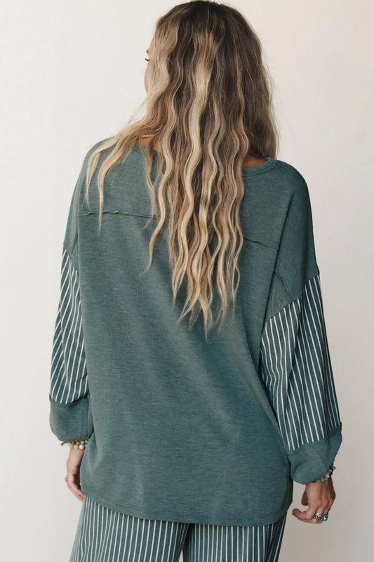 Green Bay Raw Seam Patchwork Long Sleeve Top Pocket Casual Pants 2pcs Set