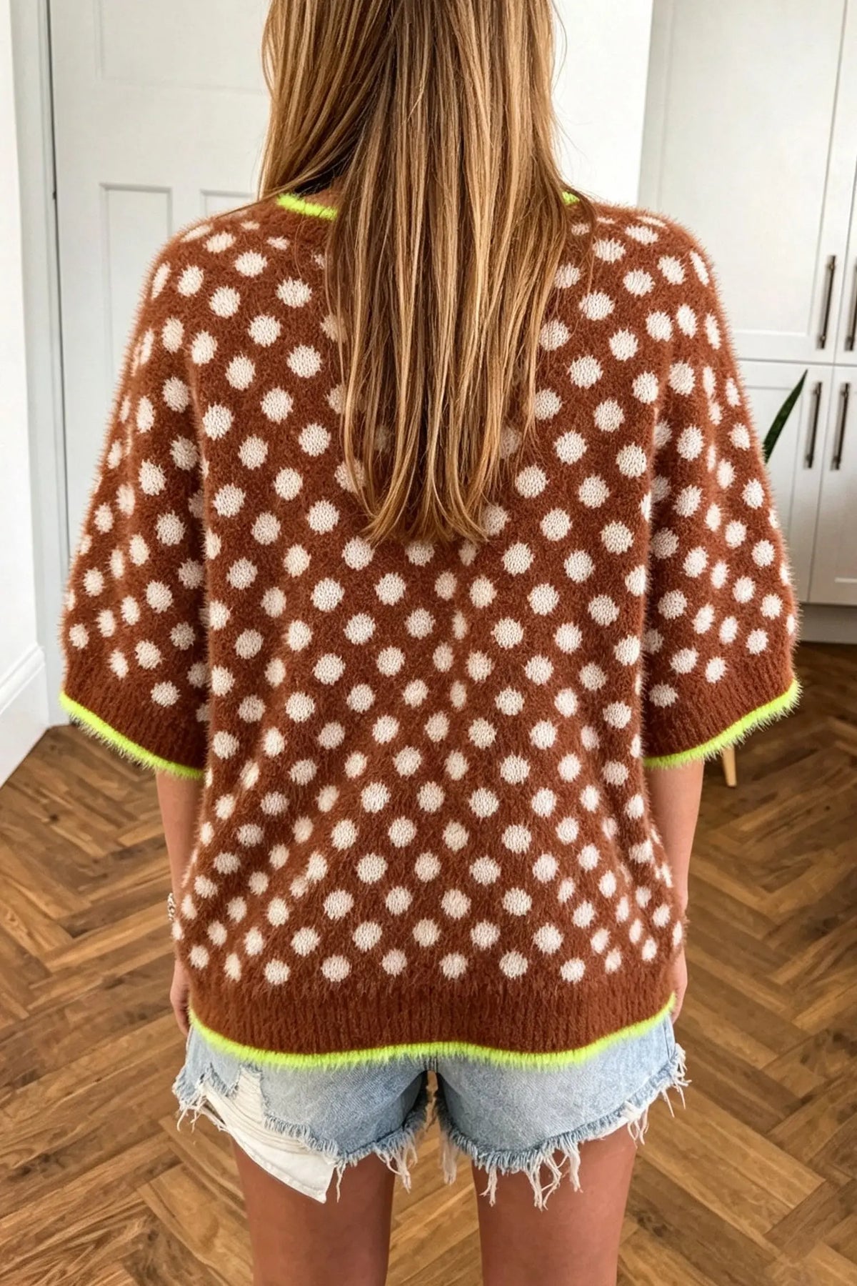 Coffee Polka Dot Contrast Trim Round Neck Half Sleeve Sweater