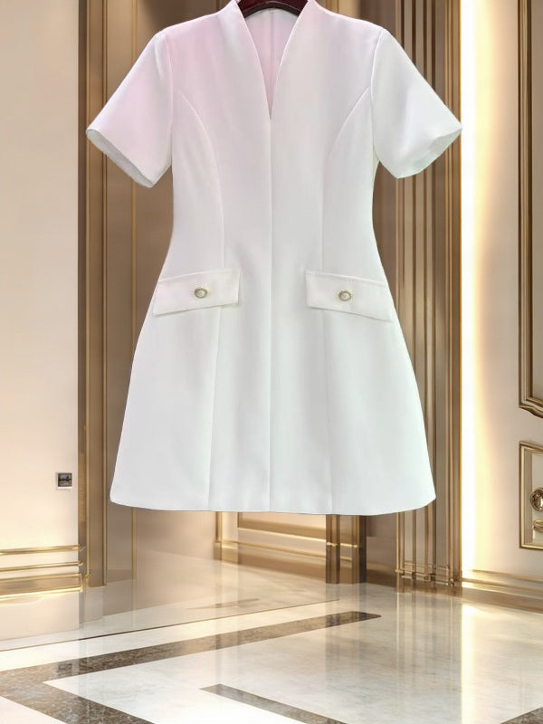 Tailored V-Neck Mini Dress with Pocket Flaps hanging view · nz-bg-v1