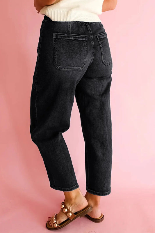Black Drawstring Waist Ankle Length Casual Jeans model back view · nz-alt-v1