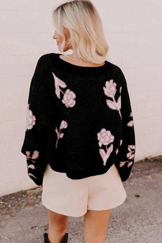 Black Floral Pattern Puff Sleeve Dropped Shoulder Pullover Sweater