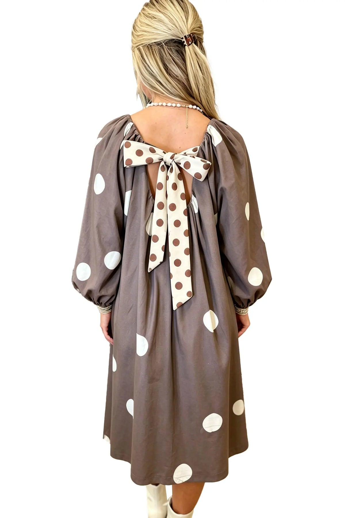 Brown Polka Dot Contrast Bow Knot Back Long Sleeve Midi Dress