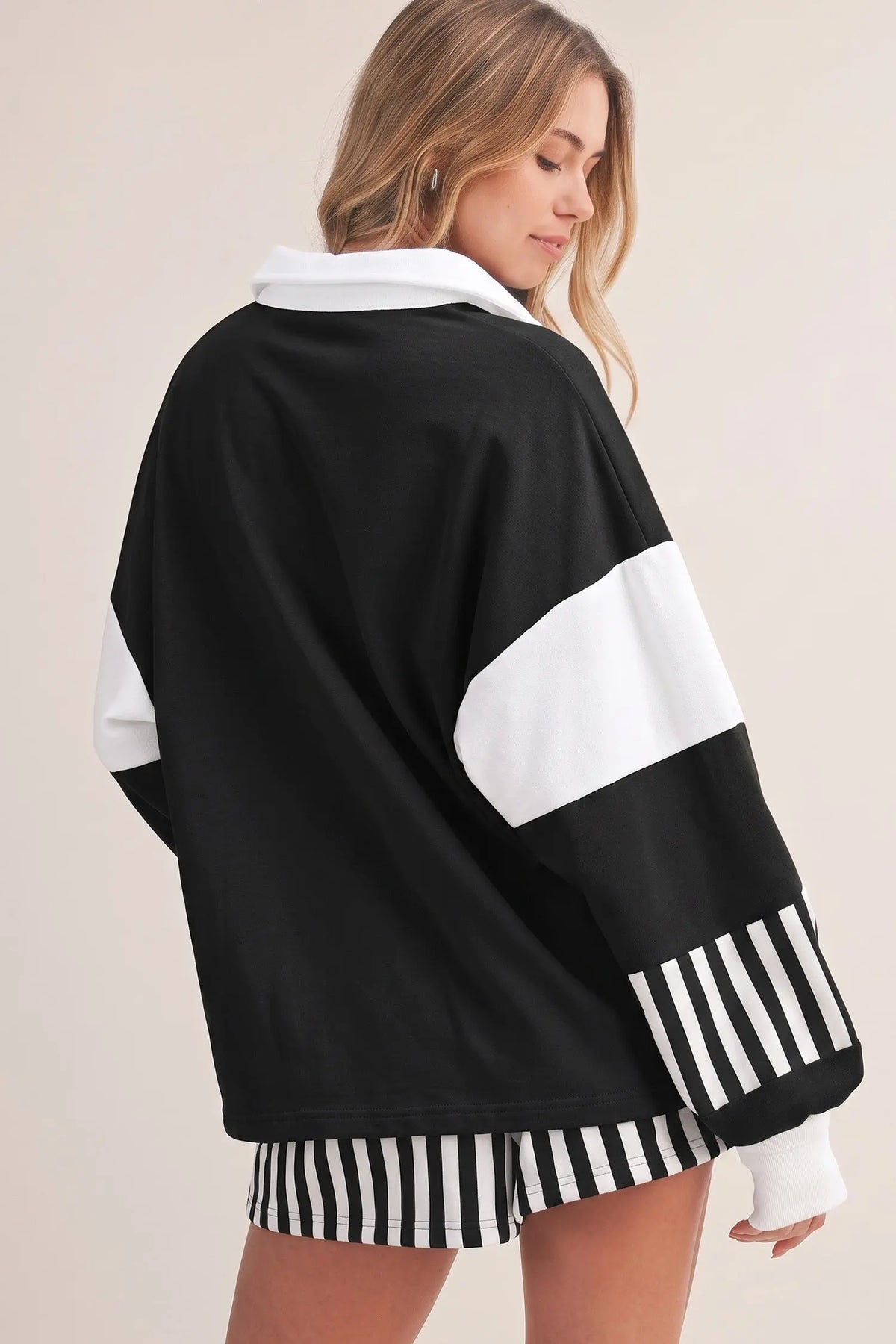 Striped Color Block Pullover Top Drawstring Shorts Set