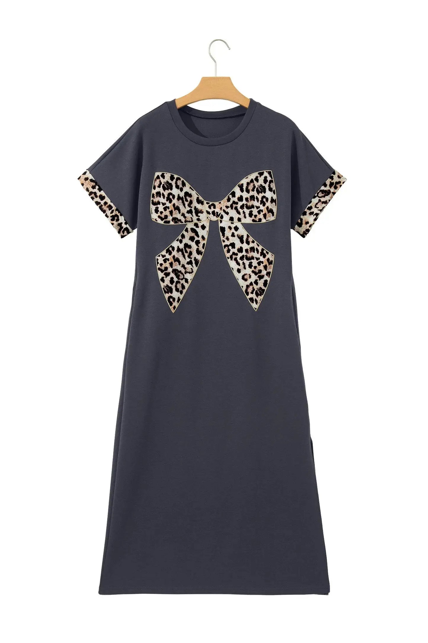 White Contrast Leopard Bow Patched Short Sleeve T Shirt Long Dress - Casual Dresses