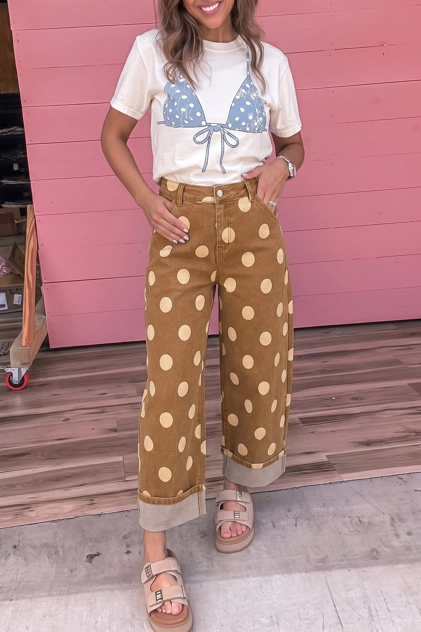 Sky Blue Polka Dot Ankle-Length Metal Button Casual Jeans