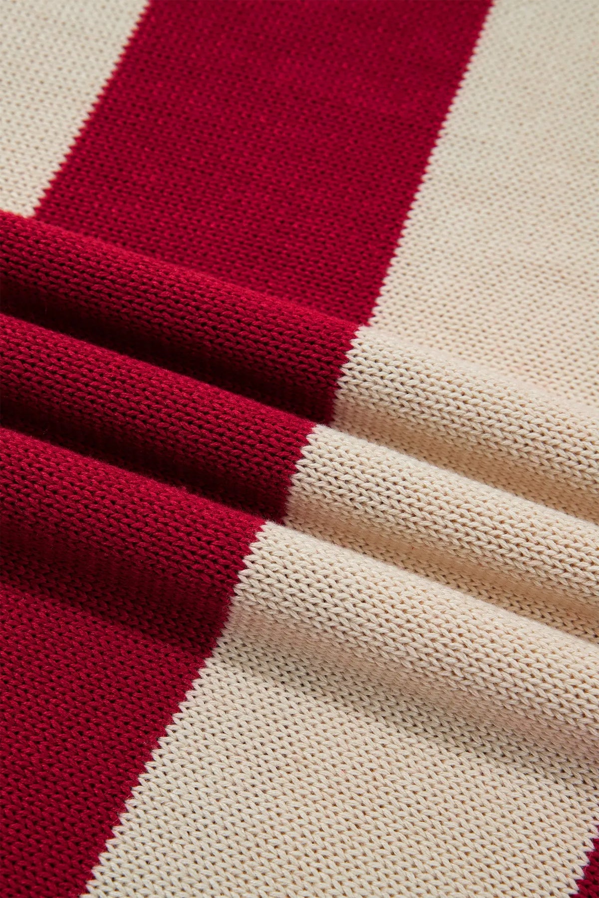 Red Stripe Ribbed Trim High Neck Relaxed Pullover Sweater