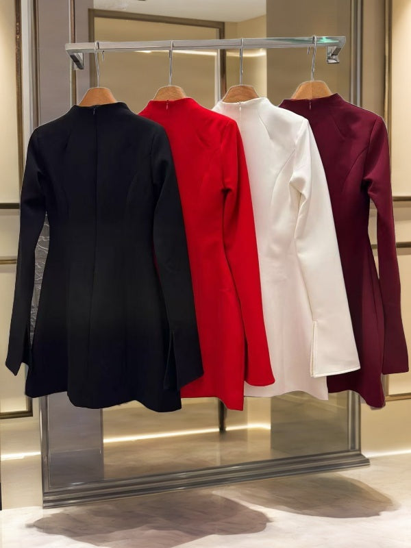 Mock Neck Long Sleeve Fit and Flare Mini Dress hanging view · nz-bg-v1