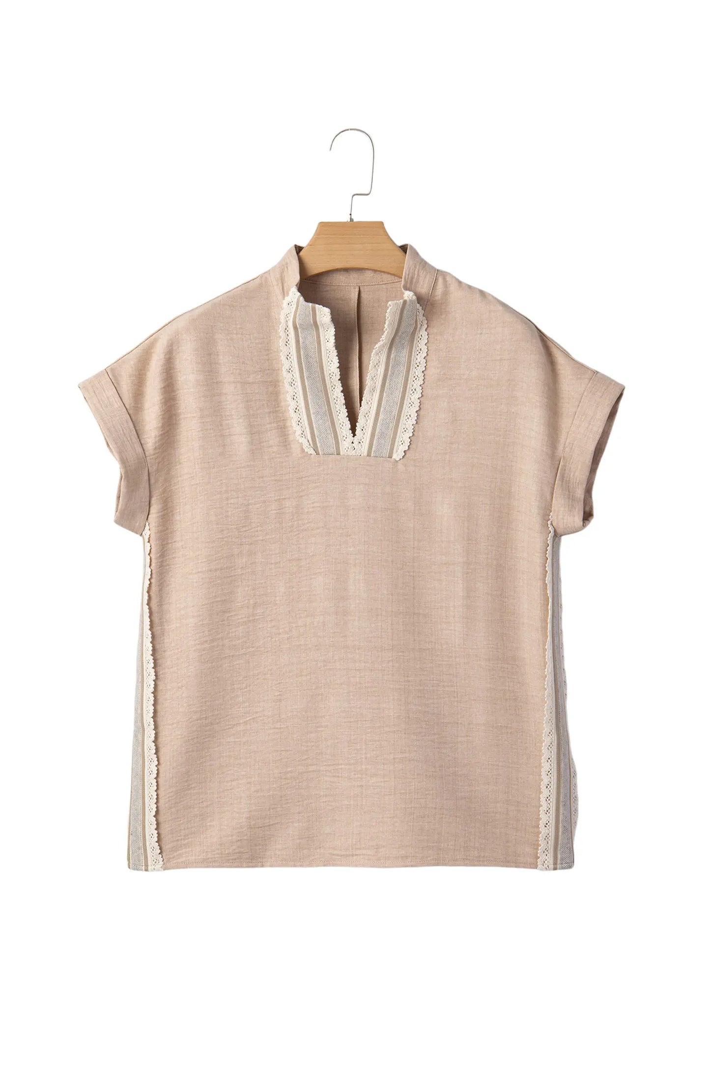 Parchment Crochet Lace Accent Pullover Rolled Short Sleeve Blouse Nataliz