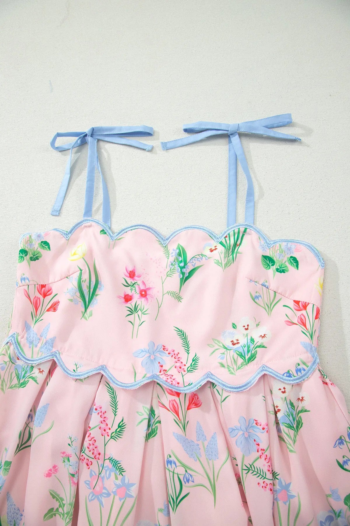 Yellow Floral Print Contrast Trim Self-tie Straps High Waist Midi Dress