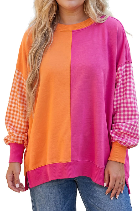 Rose Red Colorblock Patchwork Gingham Sleeve Plus Size Sweatshirt model front view · nz-alt-v1