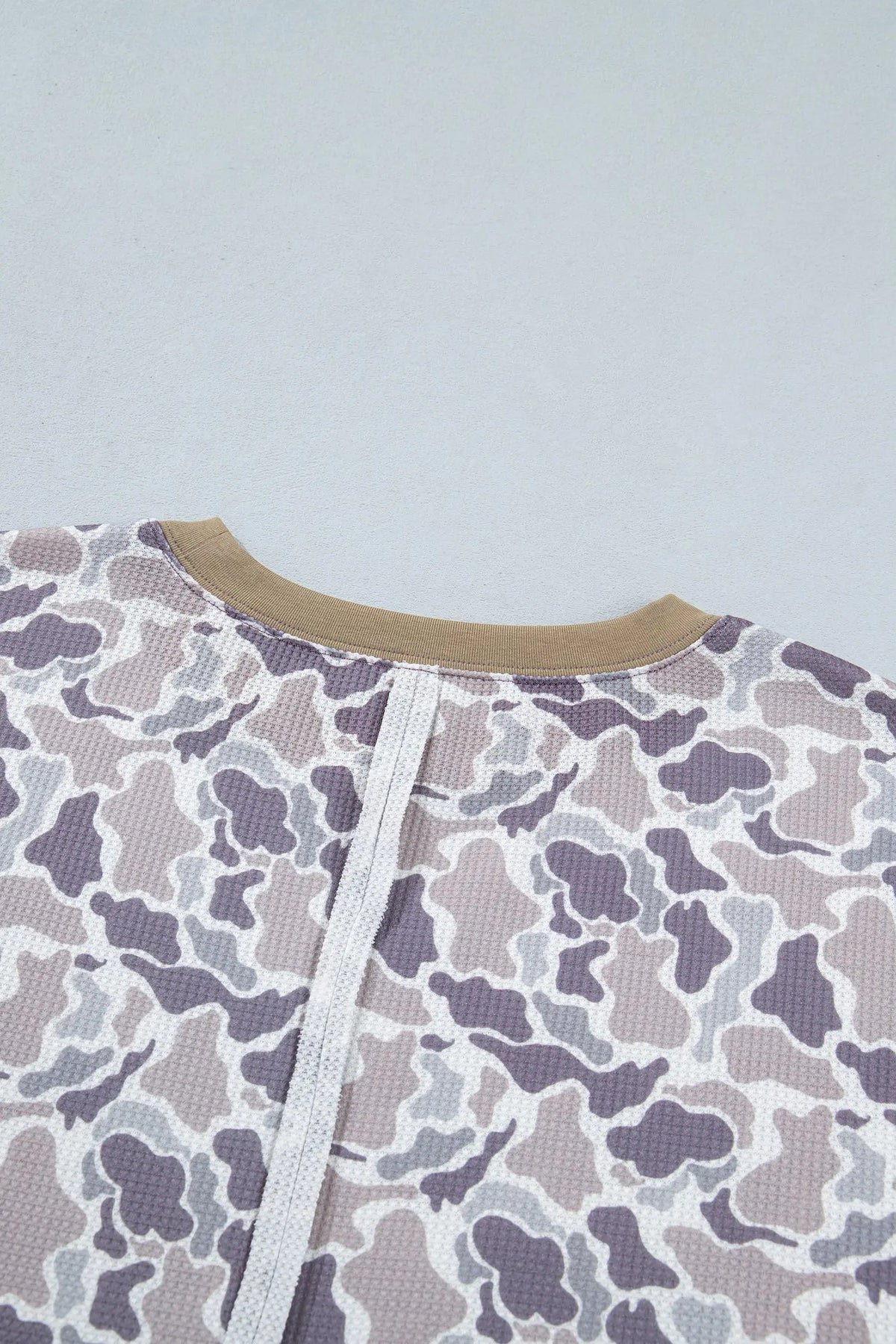 Khaki Camouflage Print Textured Knit Color Block Trim Long Sleeve Top