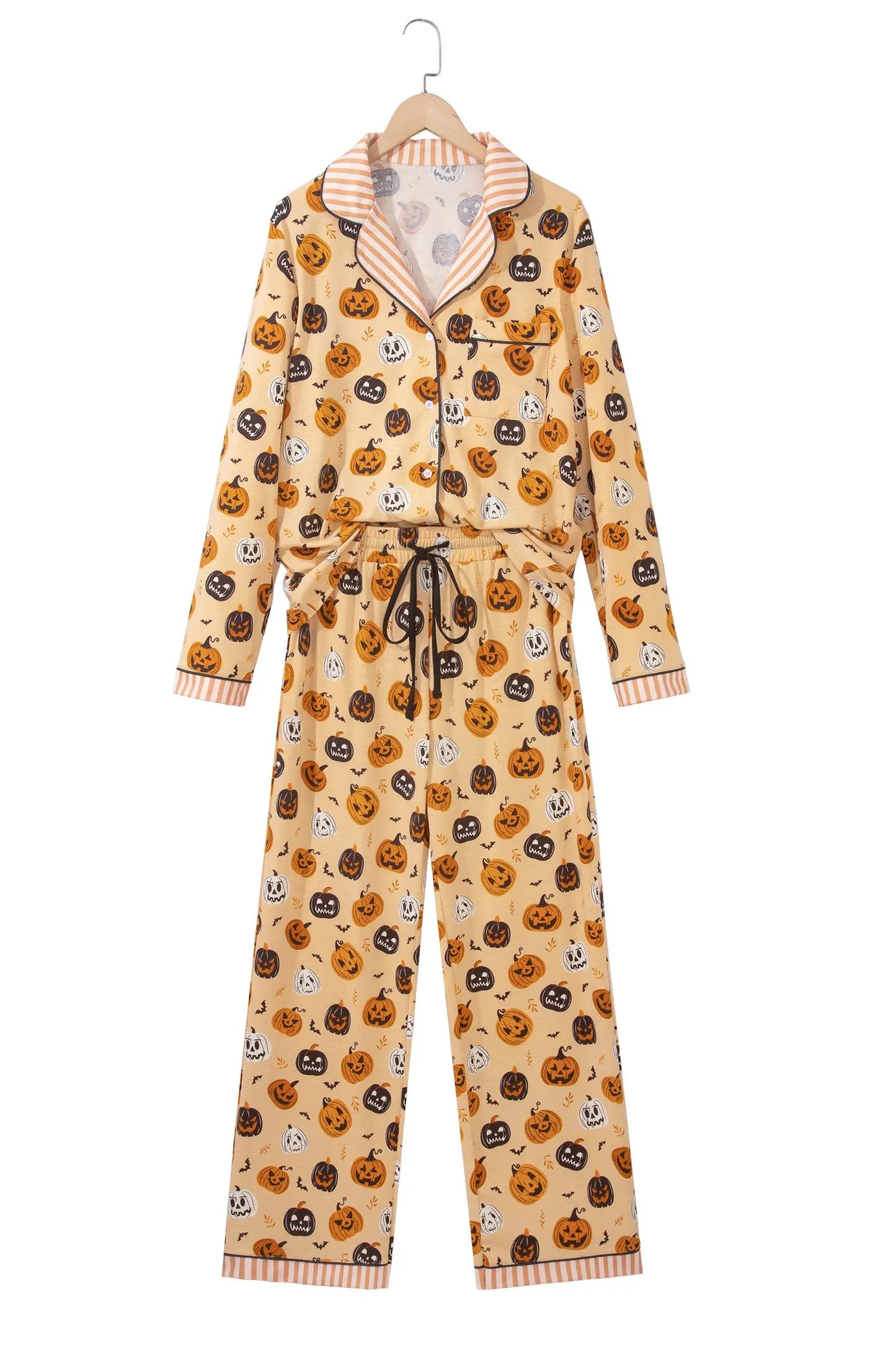 Orange Halloween Pumpkin Print Two Piece Long Sleeve Lounge Set
