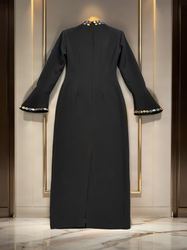 Jewel-Trim Bell Sleeve Midi Dress flat lay view · nz-bg-v1