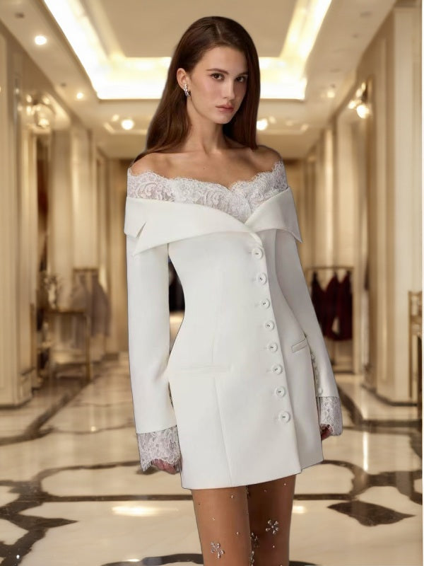 Off-Shoulder Lace Trim Button Front Mini Blazer Dress model front view · nz-bg-v1