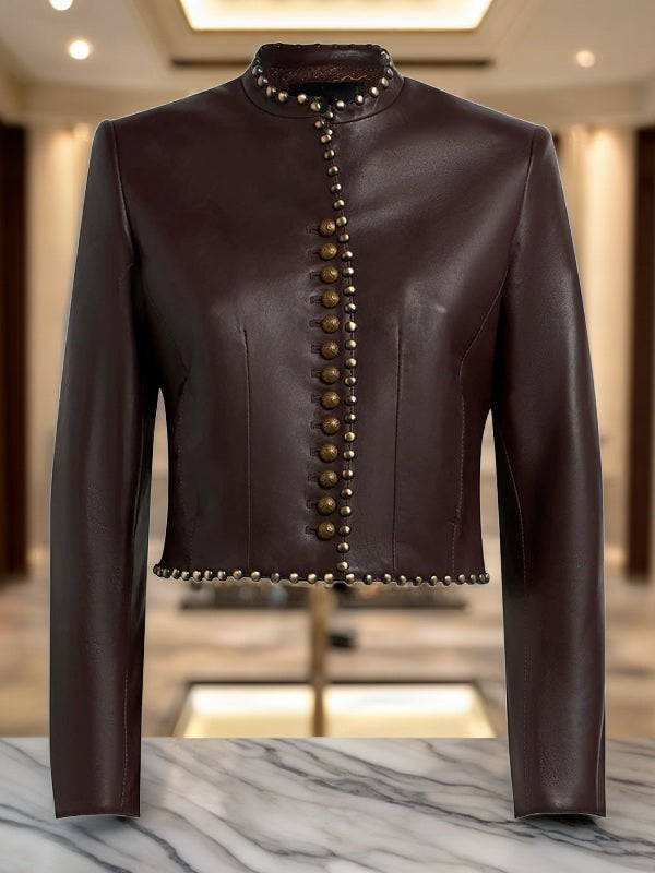 Studded Burgundy Cropped Leather Jacket flat lay view · nz-bg-v1