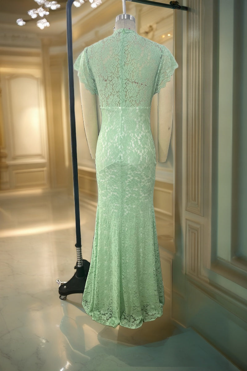 Floral Lace Flutter Sleeve Maxi Gown in Sage mannequin view · nz-bg-v1