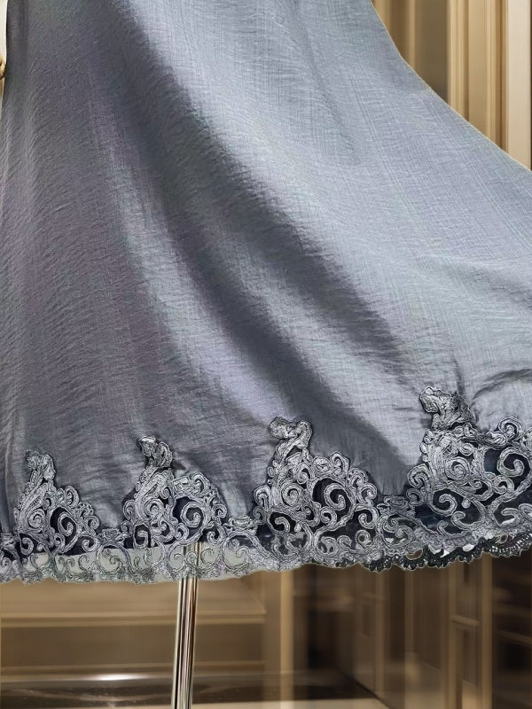 Lace-Trim Sweetheart Midi Dress in Dusty Blue detail view · nz-bg-v1