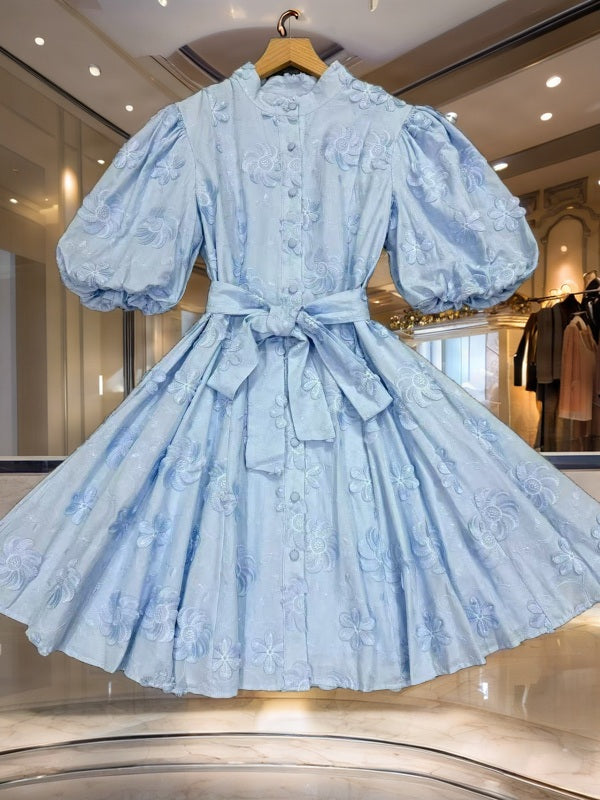 Floral Appliqué Puff Sleeve Mini Dress hanging view · nz-bg-v1