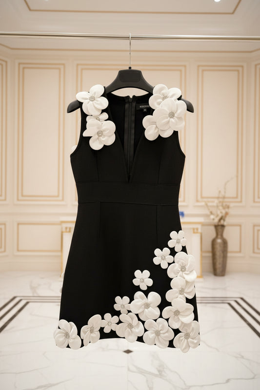 Deep V Neck Floral Applique Bodycon Mini Dress black hanging view · nz-bg-v1