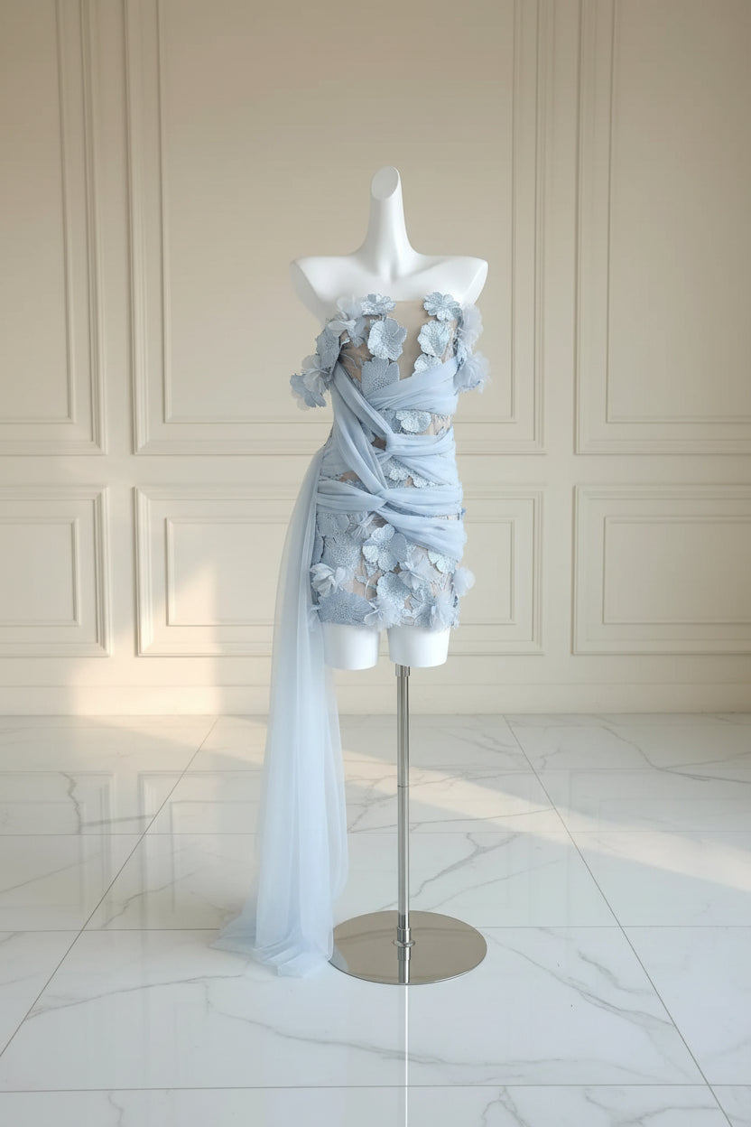 Baby Blue 3D Floral Off-Shoulder Mini Dress side view · nz-bg-v1