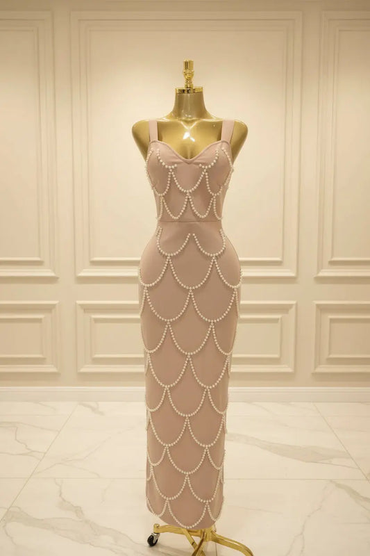 Luxury Pearl Beaded Bodycon Evening Dress apricot mannequin front view · nz-bg-v1