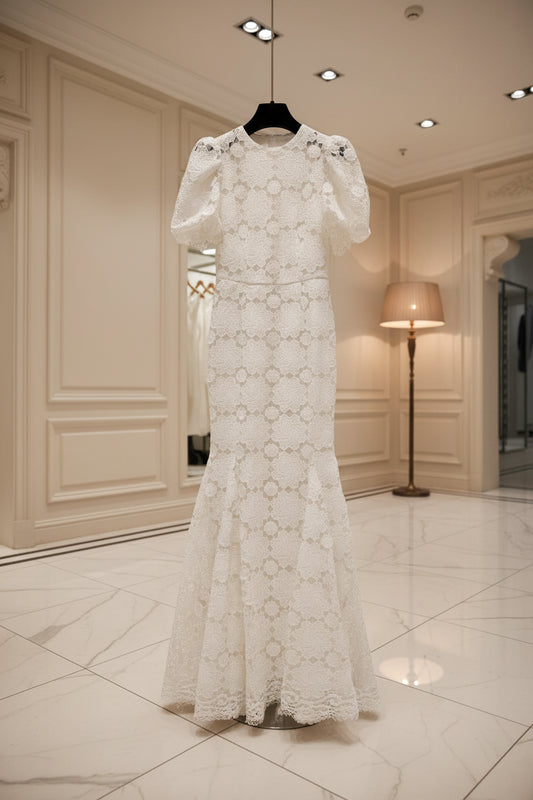 Elegant Short Puff Sleeve Scalloped Hem Floor Length Dress front view · nz-bg-v1