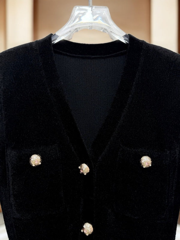 Belted Button-Front Midi Dress in Black detail view · nz-bg-v1