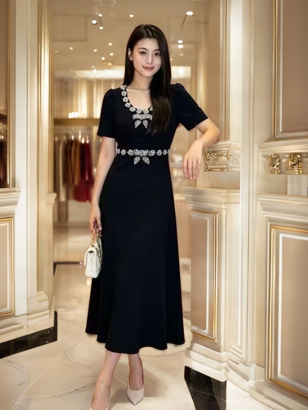 Crystal-Trimmed Short Sleeve Midi Dress model front view · nz-bg-v1