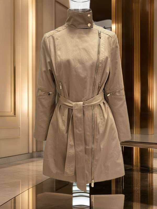 Belted Trench Jacket with Gold Asymmetric Zip mannequin view · nz-bg-v1
