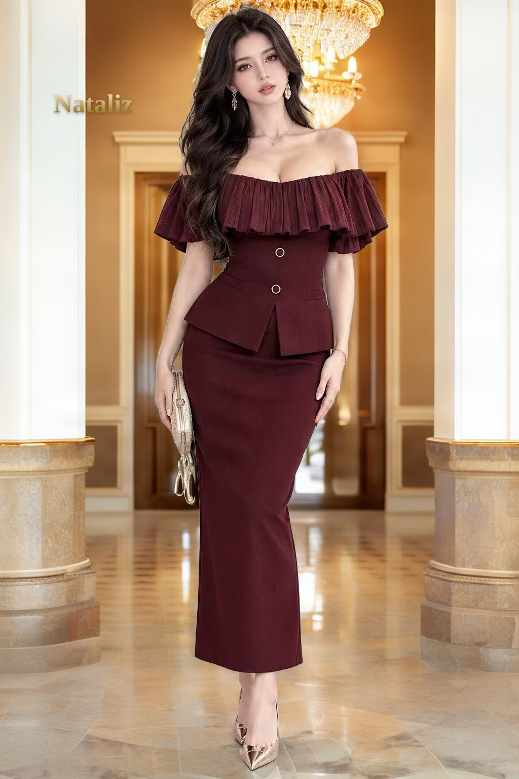 Off-Shoulder Ruffle Peplum Top and Maxi Skirt Set model front view