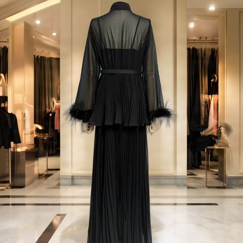 Feather Cuff Pussybow Blouse & Pleated Maxi Skirt Set mannequin view · nz-bg-v1