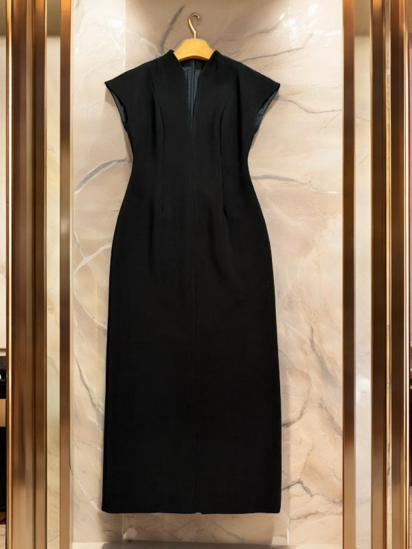 Structured Cap Sleeve Maxi Dress with Split Neckline hanging view · nz-bg-v1