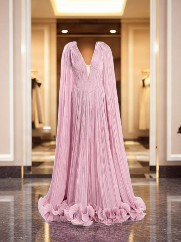 Pleated Cape-Sleeve Maxi Gown in Blush Pink hanging view · nz-bg-v1