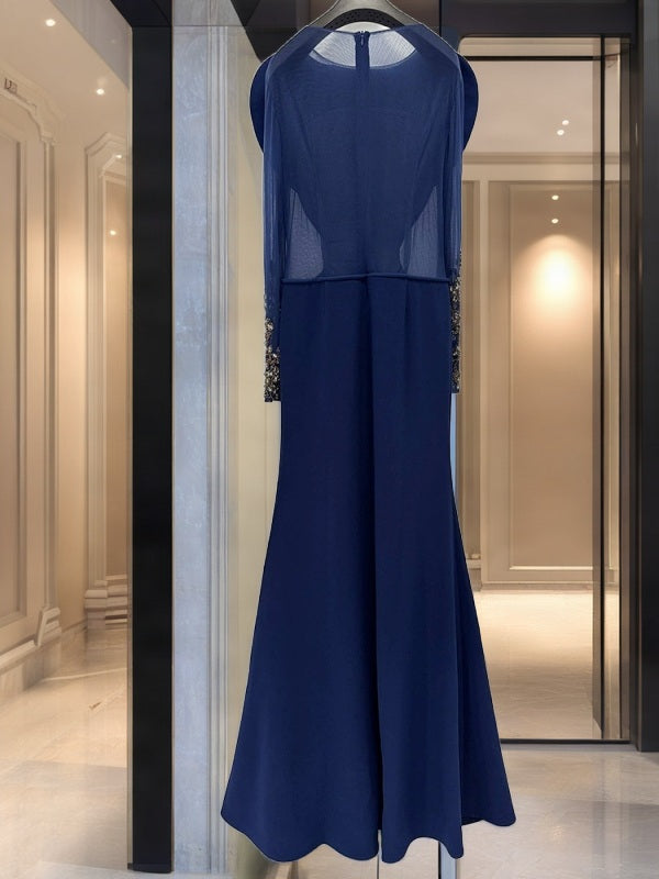 Navy Beaded Sheer-Sleeve Column Gown hanging view · nz-bg-v1