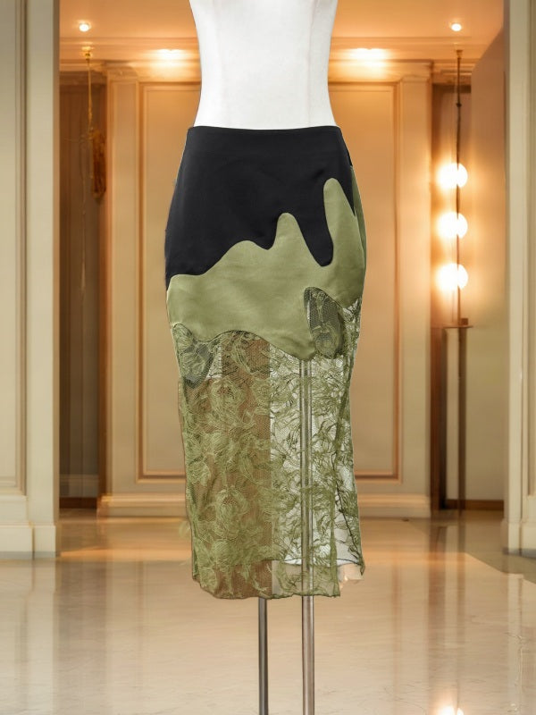 Olive and Black Lace Trim Cami Top and Midi Skirt Set mannequin view · nz-bg-v1
