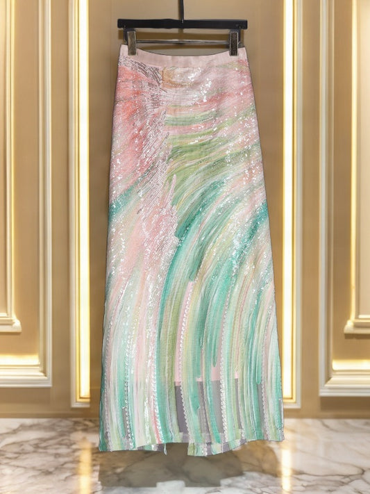 Sequin Brushstroke Maxi Skirt in Pastel Pink and Green hanging view · nz-bg-v1