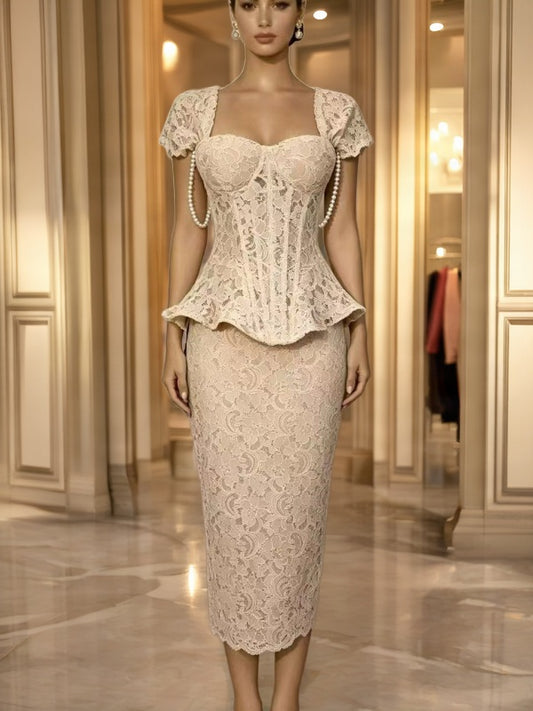 Corset Peplum Top and Midi Skirt Two-Piece Set model front view · nz-bg-v1