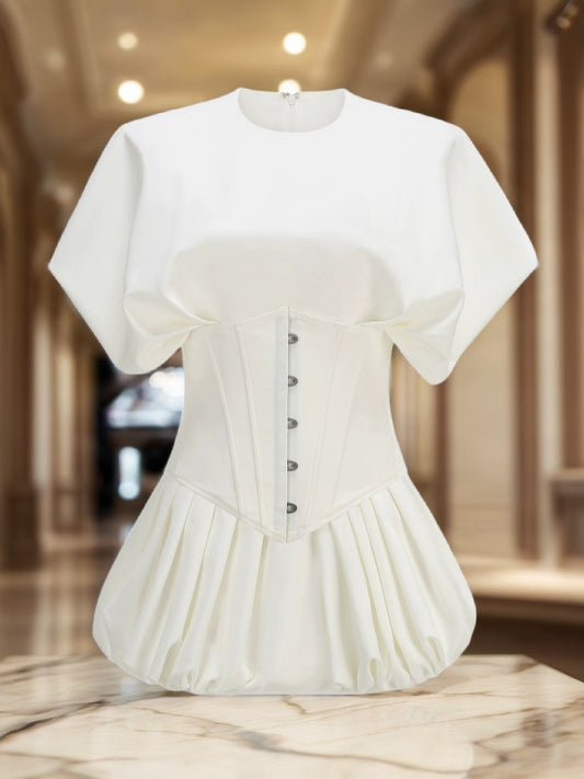 Corset Bubble Hem Mini Dress in Ivory flat lay view · nz-bg-v1