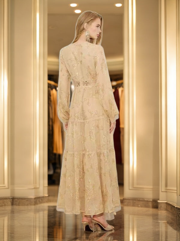 Gold Embroidered V-Neck Tiered Maxi Dress model back view · nz-bg-v1