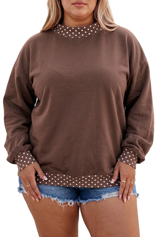 Brown polka dot patchwork sweatshirt showroom display view · nz-alt-v1