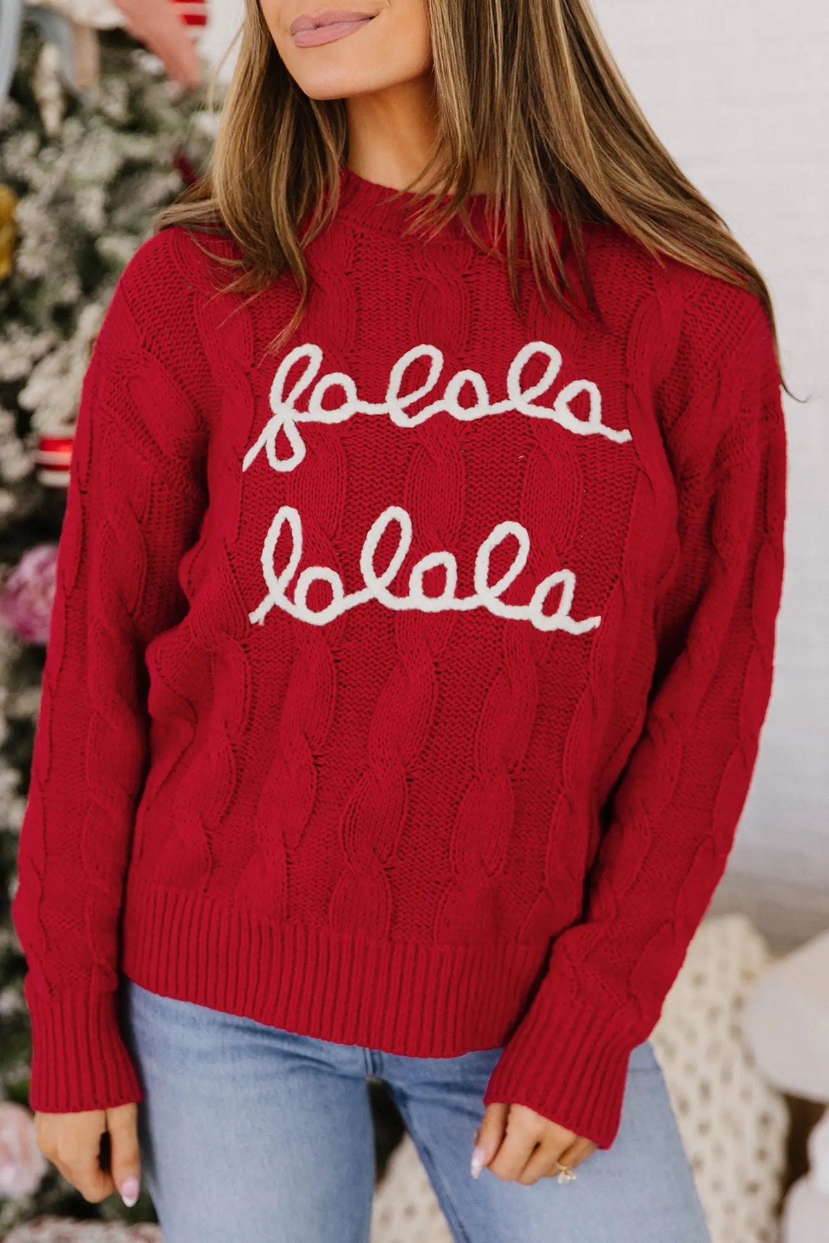 Fiery Red Falala Cable Knit Christmas Dropped Shoulder Pullover Sweater