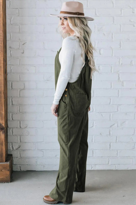 Jungle Green Button Adjustable Straps Solid Color Corduroy Jumpsuit side view · nz-alt-v1