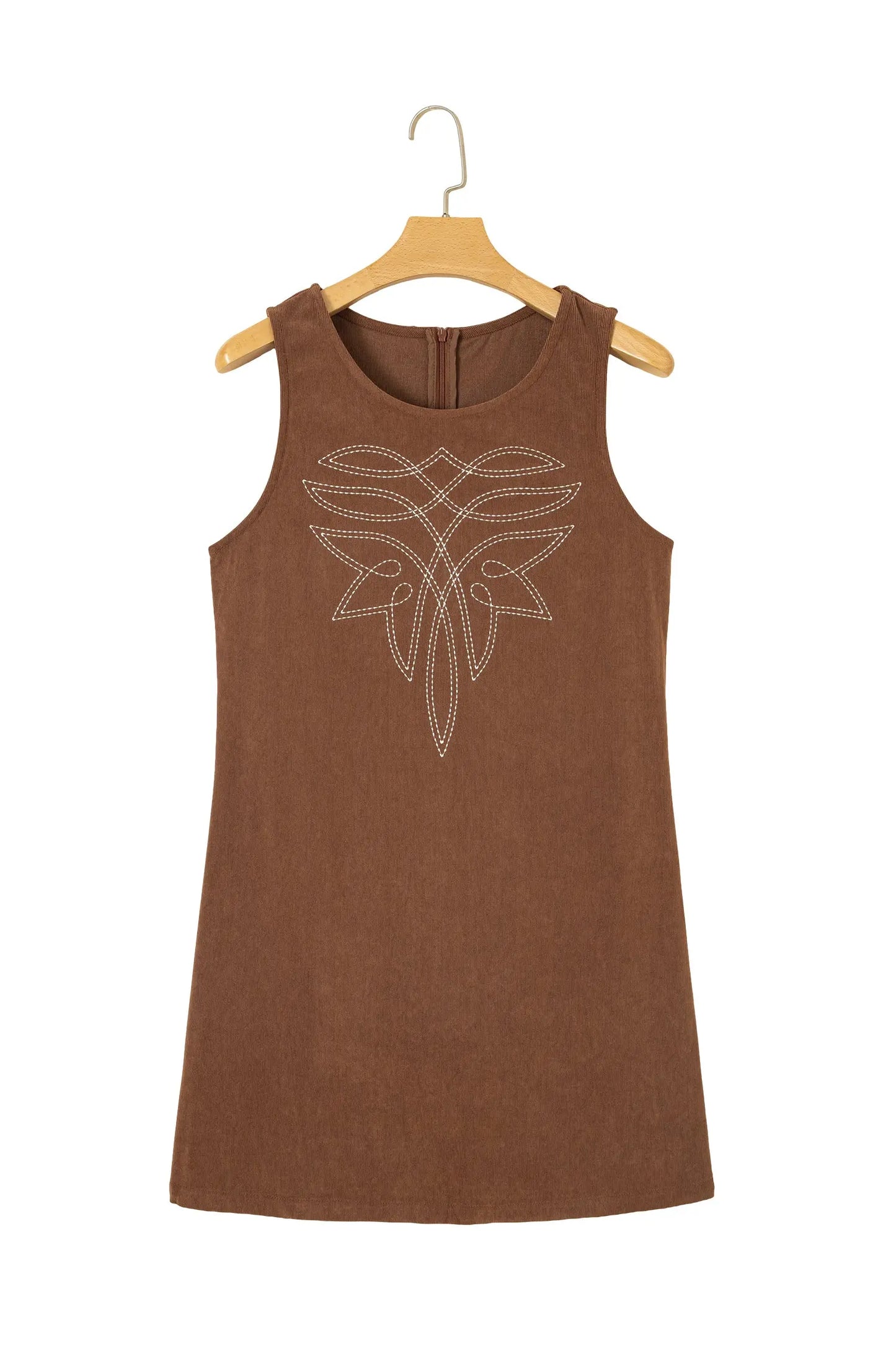 Coffee Geometric Embroidery Sleeveless Corduroy Shift Dress